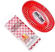 Hot Dog, Burger, Sandwich Serving Set for 4 Guests - 4 Red Baskets and 15 Red Cheque Food Basket Liners - Bundle 2 Items