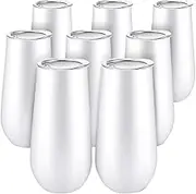 Tagtight 8 Packs of Champagne Flutes Wine Cups Without Stem, 6 oz Double Insulated Wine Cups with Lid, Cocktail Mug, White