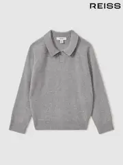 Reiss Grey Melange Grange Senior Wool-Cashmere Open Collar Polo Shirt (E08798) | $80