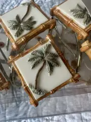 Palm Tree Bamboo Framed Resin Shower Curtain Hooks Set Of 12 Tropical Resort