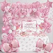 Pink Bow Birthday Party Decorations, Girls Coquette Birthday Decorations Includes Pink and White Balloon Arch Backdrop Tablecloth Happy Birthday Banner Hanging Swirls Cake Toppers for Bow Party Decor