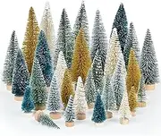 Woofty Artificial Frosted Sisal Christmas Tree, 30 Pieces Bottle Brush Trees with Wood Base DIY Crafts Mini Pine Tree for Christmas Home Table Top Decor Winter Ornament (Gold Green)