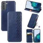 For Samsung Galaxy S21 Case, Cubic Grid Folio Magnetic PU Leather Cover Wallet, Kickstand, Blue