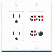 RiteAV 3 Port Speaker Wire Plug Jack Wall Plate+RCA for Subwoofer Outlet [White]