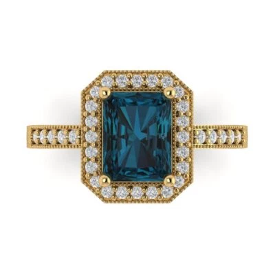 2.9Ct Emerald Cut Natural London Blue Topaz Solid Gold Halo Engagement Ring