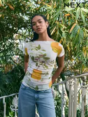 Kew CollectionGreen/Ecru Short Sleeve Ruched Mesh Top (AU2604) | $45