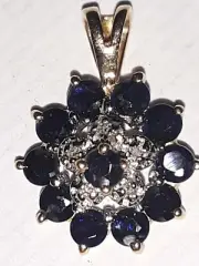 Blue Sapphire & Diamond Cluster Necklace Pendant 10k SOLID YELLOW GOLD