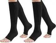 [Generic] 2 Pairs Zipper Open Toe Compression Socks for Women & Men, 15-20 mmHg Stretchy Leg Support Knee High Stockings Unisex