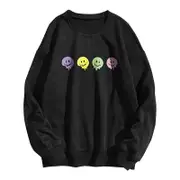 Nevenka Womens Smiley Face Sweatshirts Crewneck Loose Pullover-Black