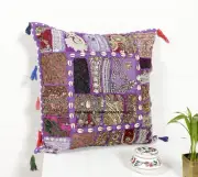 Indian Purple Cushion Cover Pillow Case Beaded Patchwork Decorative Handmade 18"