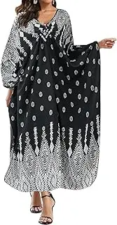 [Generic] Women Animal Print Kaftan Dress Long Sleeve Beach Bathing Suit Cover Ups V-Neck Plus Size