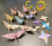 Handmade Origami Set - Cranes 10pcs + Ninja Stars 5pcs + Rabbit Moon 2pcs Japan