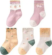 Camilife 5 Paar Baby Mädchen Gekämmte Baumwolle 32s/2 Garn Socken Set Babysocken Weich Süß und Lieblich Erdbeer Muster