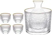 Old Craftsmen's 6 Pcs Glass Sake Sets with Warmer Japanese Elegant Clear Unique Sake Carafe Sets Including 1 Bottle (10.5oz) 4 Saki Cups (1.69oz) and 1 Tank (19.6oz) for Cold Warm Sake (Golden edge)