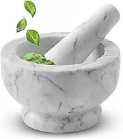 ALPINE CUISINE Mortar and Pestle Set Natural Marble Stone Guacamole Molcajete Bowl 5 Inches | Stone Grinder Bowl for Salsa, Herb Crusher, Grind and Crush Spices | Gift Set White 5x3 Inch