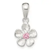 Sterling Silver Brushed & Polished Pink Cz Flower Pendant