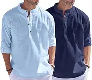 [Zartha] Men's Solid Cotton Blend Regular Fit Full Sleeve Mandarin Collar Straight Short Kurta Shirt, Combo Pack of 2