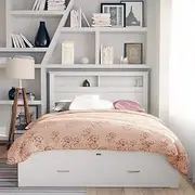 Solid Pine Timber Bed Frame Storage Shelves & Drawers - Double White