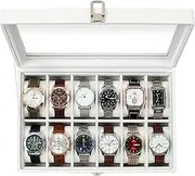 KILHS Watch Box with 12 Slots,Watch Storage Box with Glass Lid,Watch Case with Removable Watch Pillows,Metal Clasp,Gift Idea, White Synthetic Leather, White Lining