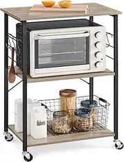 VASAGLE Kitchen Rack on Wheels 3-Tier Serving Cart Kitchen Cart Microwave Shelf for Mini Oven Toaster Metal Frame with 6 Hooks Industrial Greige Black KKS060B02