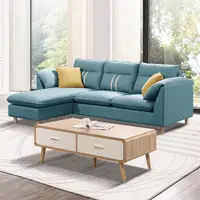 在飛比找PChome24h購物優惠-Bernice-蒂莫西L型水藍色布面獨立筒沙發-附抱枕(貴妃
