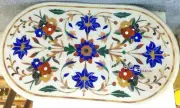 Oval Shape White Marble Dining Table Top Floral Design Inlay Work Hallway Table