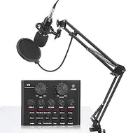 V8 Sound Card with Condenser Microphone, Audio Mixer Sound Board, Portable Live Sound Card Mixing Console Studio Recording Kits for Karaoke, Studio Broadcasting, Stage