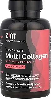 [Zint] Multi Collagen Pills: All-in-One Anti-Aging Complex - DigeSEB, Biotin, Hyaluronic Acid, Vitamin C, Collagen Powder Types I-II-III-V-X - for Women & Men, Grass-Fed, Hormone-Free, 90 Capsules