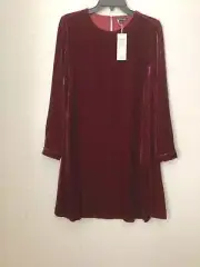 Eileen Fisher Deep Claret Silk Velvet Crew Neck Knee Length Dress 2XS NWT $348