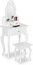 Relaxdays Children's Dressing Table, with Mirror & Stool, 110 x 50 x 30 cm, for Kids from 3 Years, Vanity Dresser, White