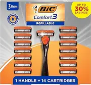 BIC Comfort 3 Refillable Disposable Razors for Men, 1 Handle and 14 Cartridges With 3 Blades, 15 Piece Razor Kit for Men