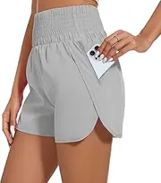 [Ammiko] Women's Athletic Shorts High Waist Elastic Running Shorts Zipper Pocket Quick Dry Casual Workout Shorts Liner