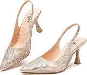 [Trary] Slingback Heels for Women Pointed Toe Pumps Shoes 3.2inch High Heel Slip On Rhinestone Glitter Heels Comfy Heels for Party Working Dressy