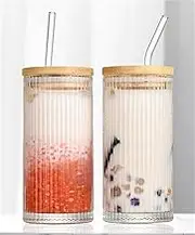 12Oz Glass Cups, Ribbed Drinking Glasses with Lids and Straws, Vintage Ribbed Glassware for Whiskey Cocktail Beer, Iced Coffee Cups for Cute Gifts (2PCS)