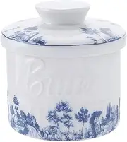 COPORISO Ceramic Butter Crock with Lid, French Butter Dish with Water Line for Countertop, Butter Keeper for Spreadable Butter, Container Holder for Kitchen and Home Decor, 6.7 OZ, Forest Blue