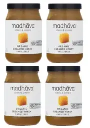 Organic Creamed Unfiltered Honey 4 Jars 22 oz with Free Wooden Honey Dipper