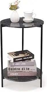 Faux Marble Furniture Round Side Table with Removable Tray, 2 Tier Moder Side Tables for Living Room, Small Table, Bed Side Table, Coffee Table, Office Decoration (Black)