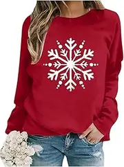 [DSAoTeng] Women Crew Neck Snowflake Print Long Sleeve Pullover Sweatshirts-Casual Soft Cozy Funny Color Block Tops Winter Streetwear