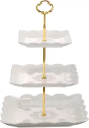 3 Tier Porcelain Cupcake Stand, Tiered Serving Cake Stand, Square White Embossed