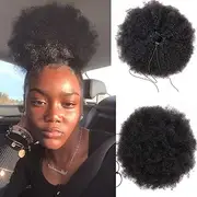WENYU Afro Puff Drawstring Ponytail Human Hair Bun For Black Women 8A Brazilian Virgin Afro Kinky Curly Clip In Ponytail Extension Human Hair Pieces Natural Colour (15cm , Drawstring Ponytail)