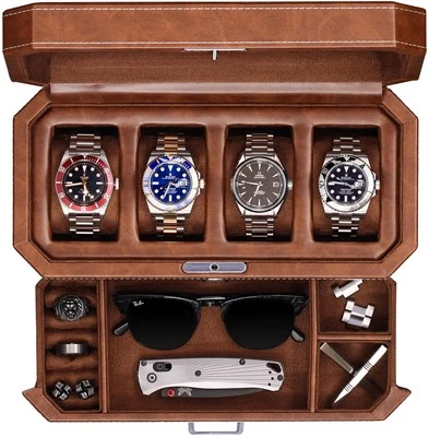4 Slot Leather Watch Box with Valet Drawer - Luxury Case Display Jewelry Orga...