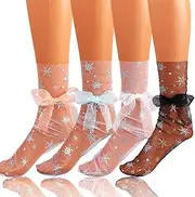 [Miaband] Bow Snow flakes See Through Socks Transparent Socks Cool Tulle Ankle Socks Lace Loose Sheer Socks for Women 4 Pairs, White, One Size