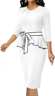 [Yiershu] Womens Bodycon Pencil Sheath Dress Pleated Crew Neck Peplum Dress Work Business Office