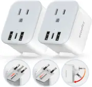 2 Pack Foldable European Travel Plug Adapter with 3 USB 1 USB-C Port and AC Most