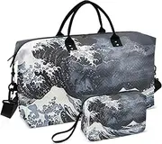 [ZRYSMY] Duffel Bag for Traveling, Vintage Japanese Waves Travel Bag Gym Bag, with Multiple Interior Pockets Shoulder Weekender Bag for Women Men with Toiletry Bag 20.5L x 1.9W x 13.8H, Multi-Colored