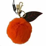 DOLCE & GABBANA Keychain Black Leather Orange Rabbit Fur Gold Clasp Keyring
