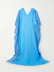 [Oscar de la Renta] Oscar de la Renta - Gardenia Guipure Lace-trimmed Stretch-silk Gown - Blue - small small Blue