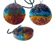 Pendant 7 Chakra Layered Orgone Gemstone Orgonite Reiki Spiritual Lace Cord Disk