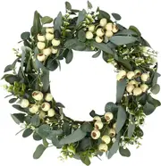 Green Eucalyptus Wreath, Artificial Eucalyptus Leaves Wreath with Large Berries, Spring/Summer Greenery Wreath for Front Door and Window Wall Decor -
