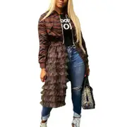 Nevenka Womens Ruffle Patchwork Jacket Zipper Coat Dress-Tiger Brown